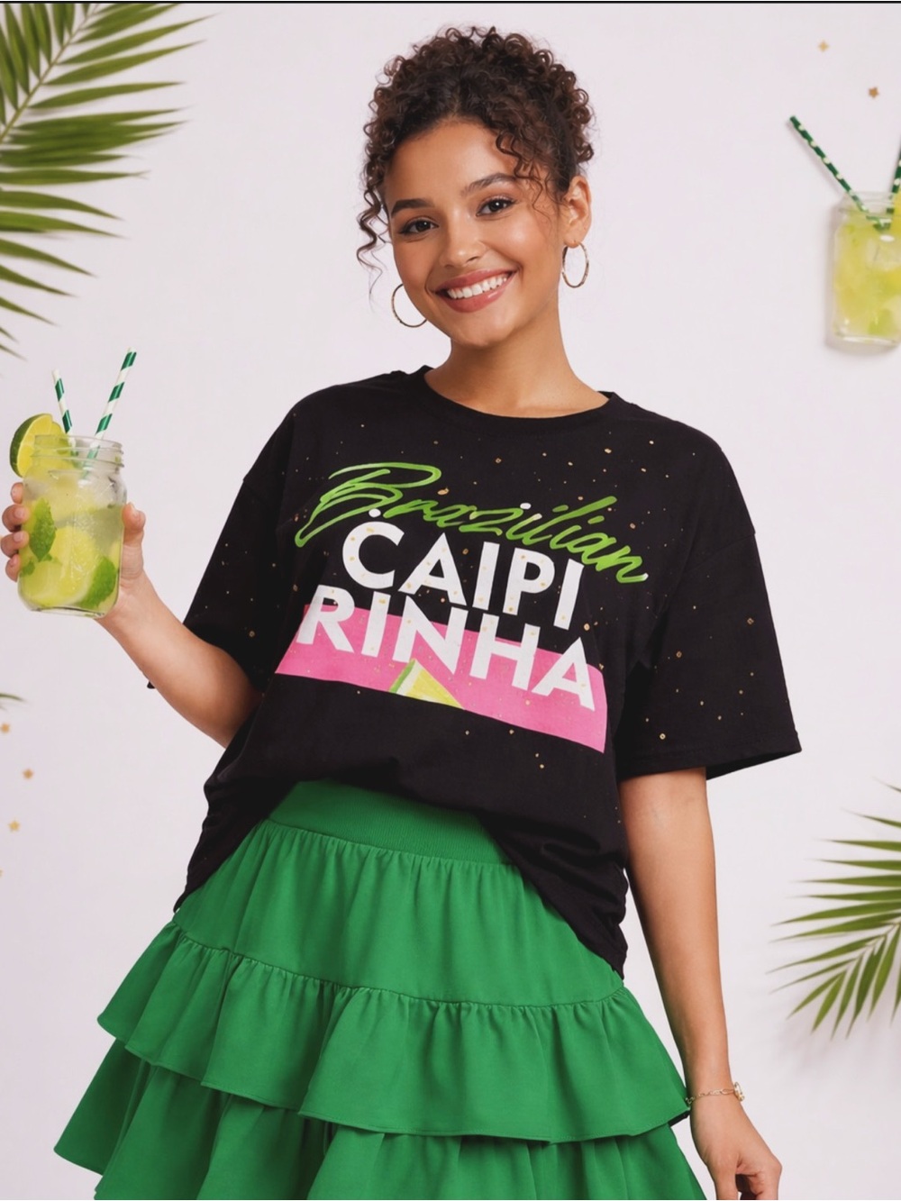 Black 'Brazilian Caipirinha' Graphic Crop Tee